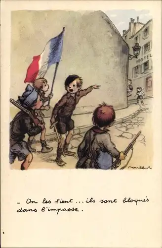 Künstler Ak Poulbot, Kinder mit französischer Fahne als Soldaten, Ligue nationale contre le taudis