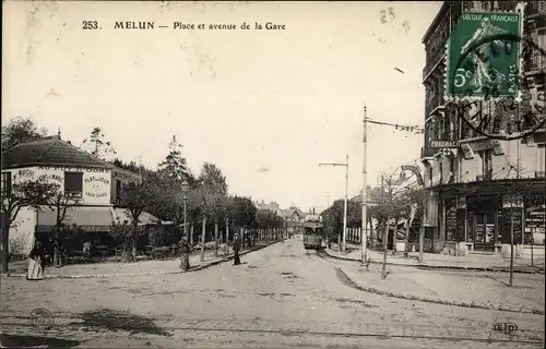 Ak Melun Seine et Marne, Place et Avenue de la Gare