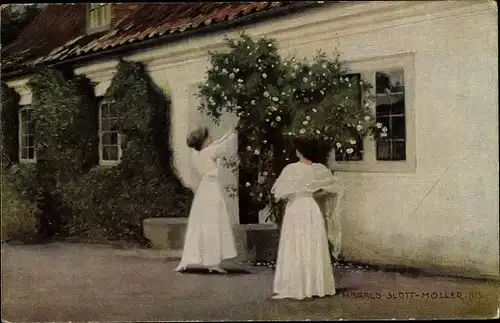 Künstler Ak Slott Moller, Harald, Weiße Rosen, zwei Damen