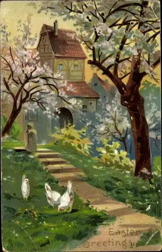 Ak Glückwunsch Ostern, Landschaft mit Haus und Hühnern