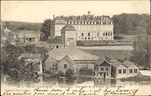 Ak Thury Harcourt Calvados, Le Chateau, Vue prise de la Colline de Saint Benin