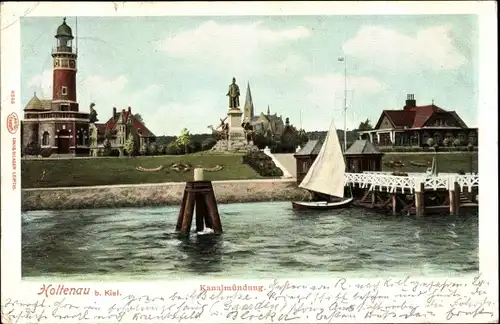 Ak Holtenau Kiel in Schleswig Holstein, Kanalmündung, Denkmal, Leuchtturm, Segelboot