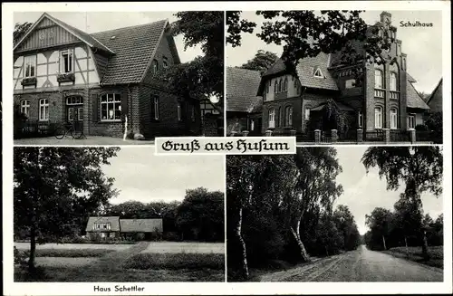 Ak Husum in Nordfriesland, Schulhaus, Haus Schettler, Dorfweg, Gasthaus, Kaufhaus