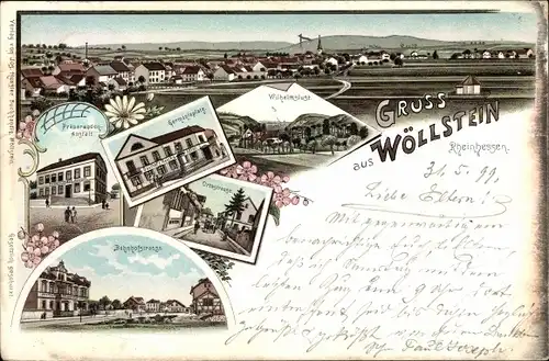 Litho Wöllstein in Rheinhessen, Wilhelmslust, Germaniaplatz, Präparandenanstalt, Bahnhofstraße