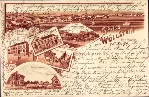Litho Wöllstein in Rheinhessen, Bahnhofstraße, Präparandenanstalt, Germaniaplatz, Totalansicht