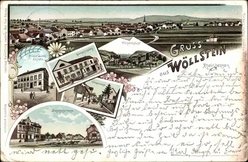 Litho Wöllstein in Rheinhessen, Bahnhofstraße, Präparandenanstalt, Germaniaplatz, Totalansicht