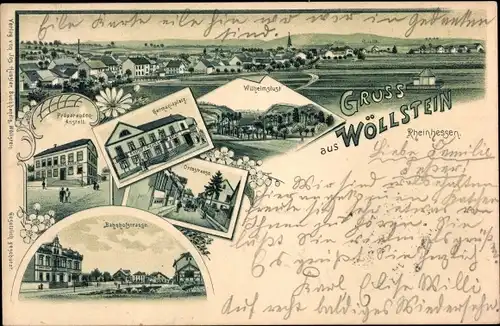 Litho Wöllstein in Rheinhessen, Bahnhofstraße, Präparandenanstalt, Germaniaplatz, Totalansicht