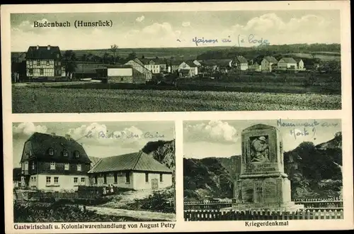Ak Budenbach im Hunsrück, Kriegerdenkmal, Totalansicht, Gastwirtschaft und Kolonialwarenhandlung