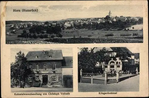 Ak Horn im Hunsrück, Kriegerdenkmal, Kolonialwarenhandlung, Totalansicht