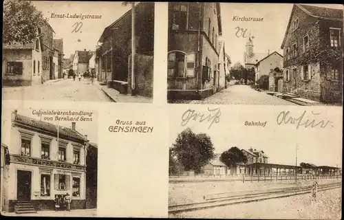 Ak Gensingen in Rheinhessen, Kolonialwarenhandlung, Bahnhof, Gleisseite, Kirchstraße