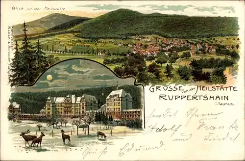 Litho Ruppertshain Kelkheim im Taunus, Heilstätte, Blick auf den Ort, Hirsche