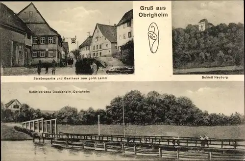 Ak Obrigheim am Neckar Baden, Schloss Neuburg, Schiffsbrücke, Gasthaus zum goldenen Lamm
