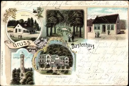 Litho Bastenhaus Dannenfels am Donnersberg Pfalz, Waldhaus, Ludwigsturm, Kurhotel Donnersberg