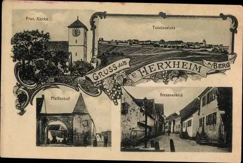 Ak Herxheim am Berg, Pfaffenhof, Protestantische Kirche, Totalansicht
