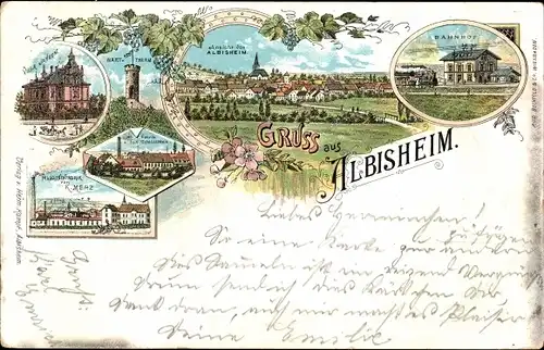 Litho Albisheim an der Pfrimm Pfalz, Bahnhof, Fabrik R. Merz, Blick auf den Ort