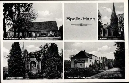 Ak Spelle Niedersachsen, Partie am Krankenhaus, Kriegerdenkmal, Geschäftshaus, Kirche