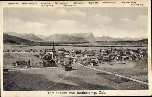 Ak Ascholding Dietramszell in Oberbayern, Blick auf den Ort, Zugspitze, Heimgarten, Kesselberg