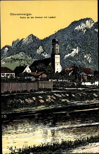 Künstler Ak Felle, Eugen, Oberammergau in Oberbayern, Partie an der Ammer mit Laaber