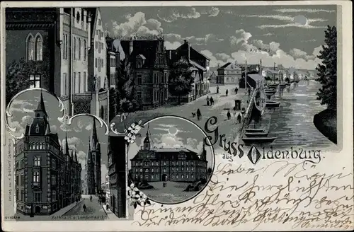 Mondschein Litho Oldenburg in Niedersachsen, Am Stau, Rathaus, Lamberti Kirche, Schloss