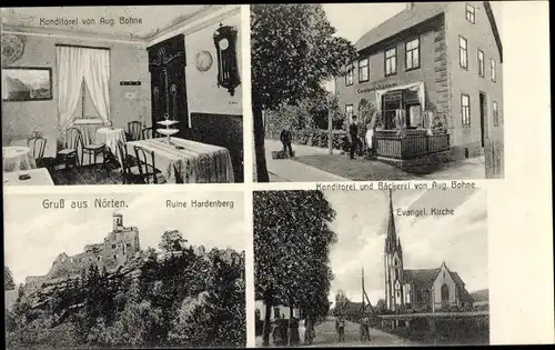 Ak Nörten Hardenberg Kr. Northeim, Konditorei und Bäckerei, Ruine Hardenberg, Kirche