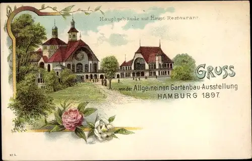 Litho Hamburg, Allg. Gartenbau Ausstellung 1897, Hauptgebäude, Restaurant