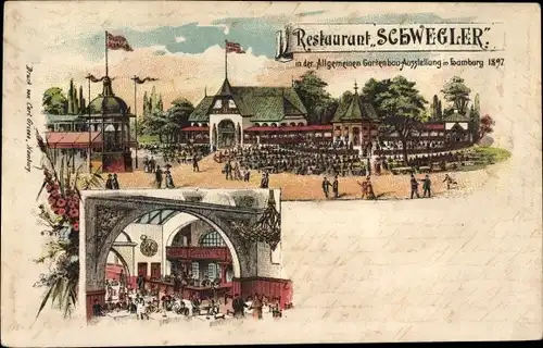 Litho Hamburg Mitte Altstadt, Restaurant Schwegler, Allg. Gartenbauausstellung 1897