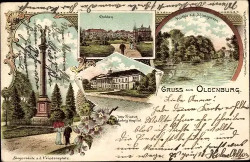 Litho Oldenburg im Großherzogtum Oldenburg, Siegessäule, Friedensplatz, Dobben, Schlossgarten