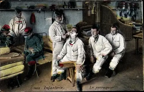 Ak Französisches Militär, Infanterie, Le Perruquier, Soldaten beim Barbier, Schlafstube