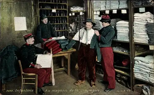 Ak Französisches Militär, Infanterie, Magasin de la Compagnie, Kleiderkammer der Kompanie, Uniform
