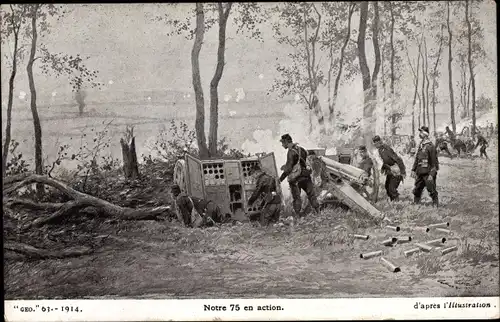 Künstler Ak Notre 75 en action, französische Soldaten mit Geschütz im Kampf, I WK