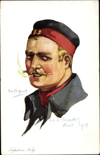 Künstler Ak Dupuis, Emil, Infanterie Belge, Fort de Boucelles, belgischer Soldat mit Zigarette