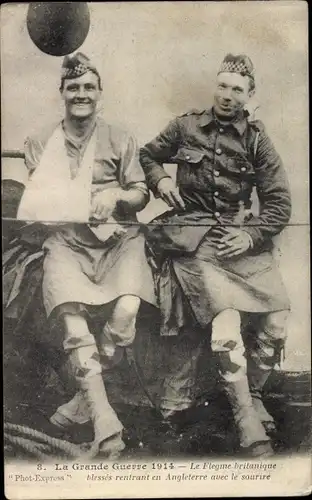 Ak Guerre 1914, Le Flegme britanique, verwundete britische Soldaten, Schotten, I WK