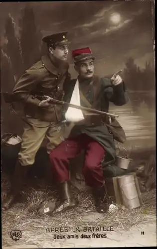 Ak Apres la Bataille, deux amis deux freres, verwundeter französischer Soldat, Brite