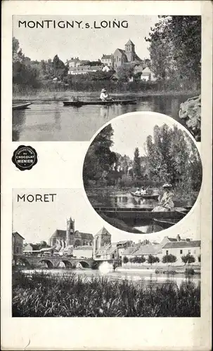 Ak Moret sur Loing Seine et Marne, Montigny sur Loing, Ruderboot, Brücke
