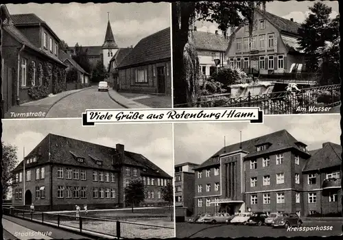Ak Rotenburg an der Wümme, Kreissparkasse, Am Wasser, Turmstraße, Stadtschule