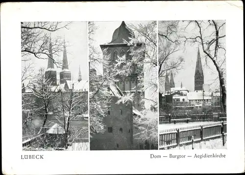 Ak Hansestadt Lübeck, Dom, Burgtor, Aegidienkirche, Winter