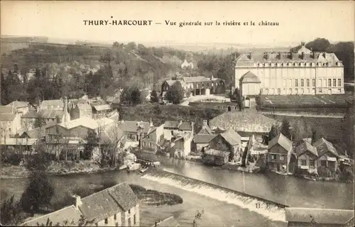 Ak Thury Harcourt Calvados, Vue generale sur la riviere et le chateau