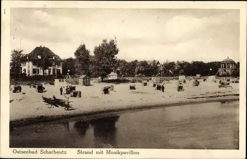 Ak Scharbeutz in Ostholstein, Promenade, Strand, Musikpavillon