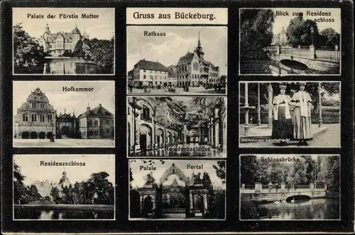 Ak Bückeburg, Palais, Rathaus, Hofkammer, Schloss, Schlossbrücke, Tracht