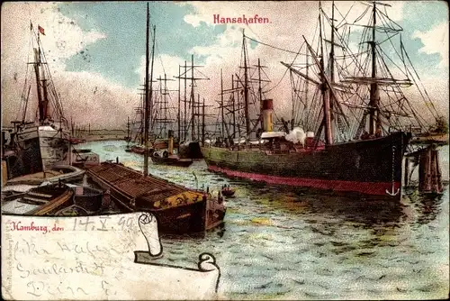 Litho Hamburg Mitte Altstadt, Hansahafen, Mastenwald, Dampfboote