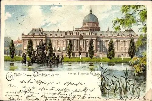 Litho Potsdam, Königl, Stadtschloss, Brunnen, Teich, Frontalansicht