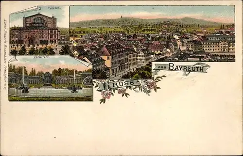 Litho Bayreuth in Oberfranken, Eremitage, Theater, Totalansicht