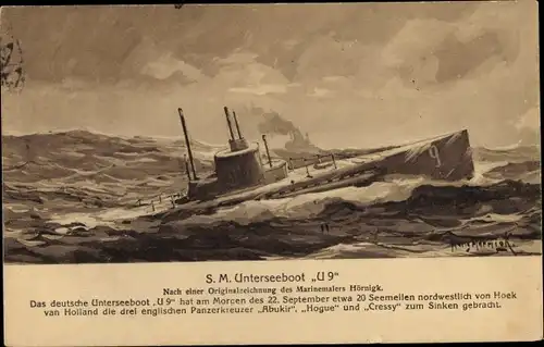 Künstler Ak Hörnigk, Hans, Deutsches U Boot, SM U 9, Kaiserliche Marine