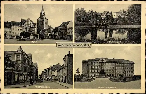 Ak Bialogard Belgard Pommern, Markt, Hindenburgschule, Friedrichstraße, Parkanlagen