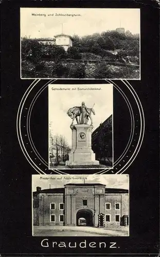 Ak Grudziądz Graudenz Westpreußen, Weinberg, Schlossbergturm, Getreidemarkt, Niedertor