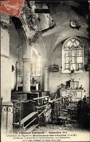 Ak Montceaux les Provins Seine et Marne, L'Interieur de l'Eglise, Kriegszerstörung 1. WK, 1914