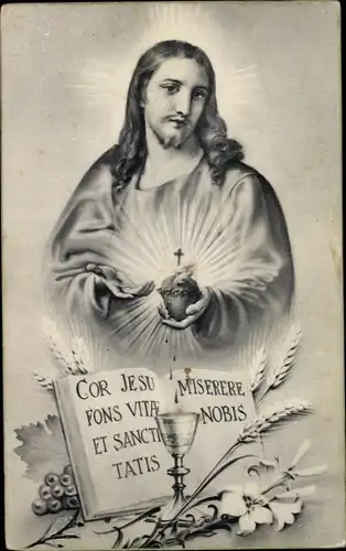 Ak Jesus, Kelch, Getreideähren, Lilie, Cor Jesu Miserere