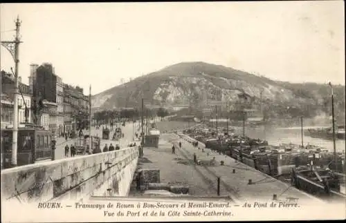 Ak Rouen Seine Maritime, Au Pont de Pierre, Vue du Port et de la Cote Sainte Catherine