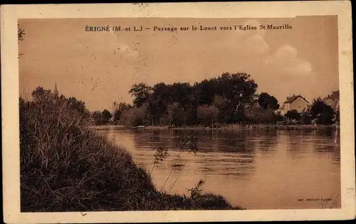 Ak Erigné Maine et Loire, Paysage sur le Louet vers l'Eglise St. Maurille