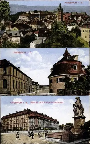 Ak Ansbach in Mittelfranken Bayern, Gesamtansicht, Schloss, Luitpoldbrunnen, Theresienstraße